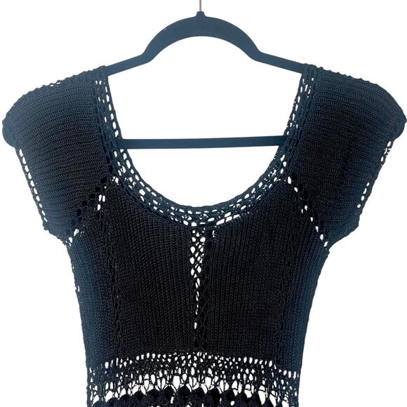 Hugo Buscati Black Crochet Knit Form-Fitting Dress Boho Festival Whimsygoth 90s - Picture 2 of 9